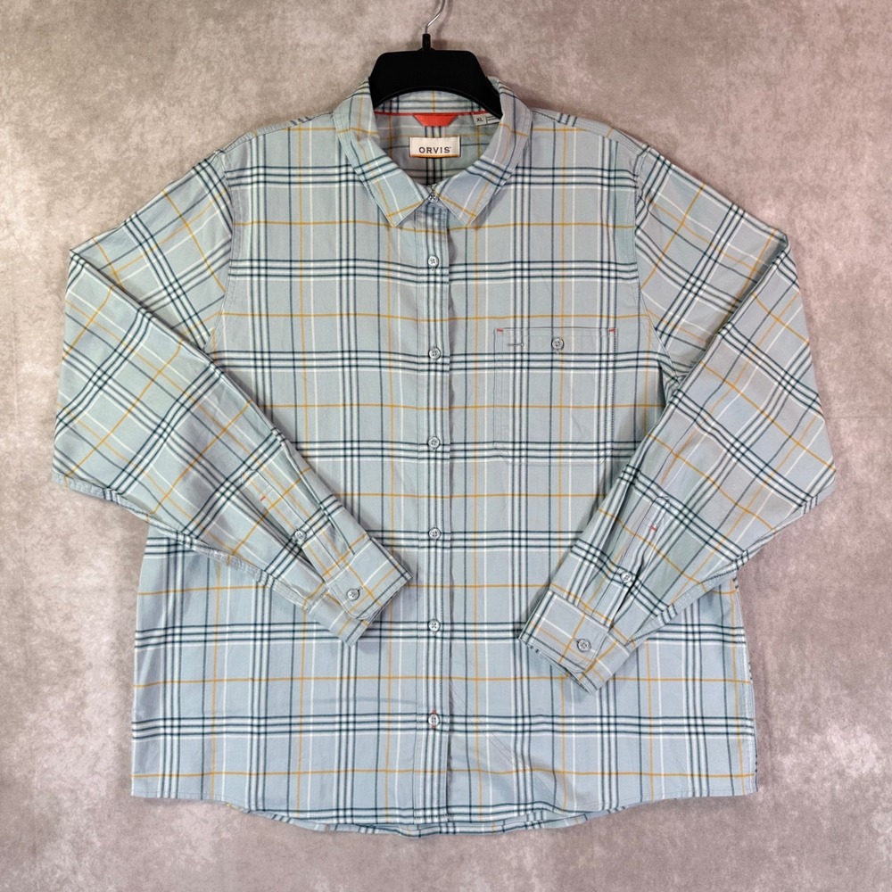 Orvis Shirt Women XL Light Blue Plaid Stretch Long Sleeve Button Layer Outdoor
